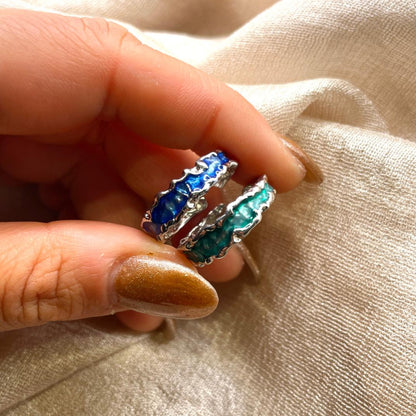 Ocean Blue & Green Enamel Wave 925 Sterling Silver Ring