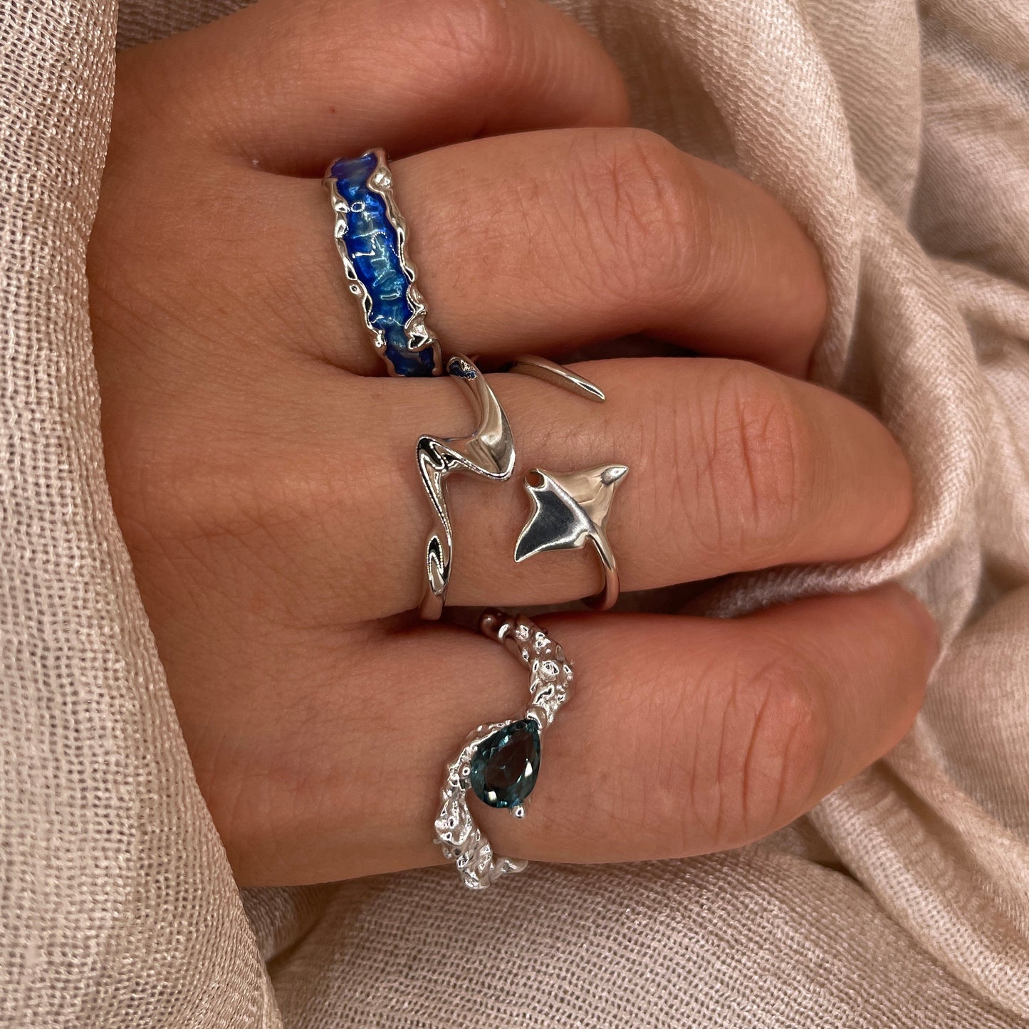 Deep Blue Current Open 925 Sterling Silver Ring