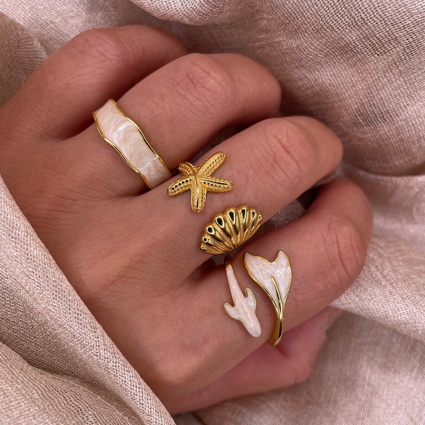 Big Seashell Star Adjustable 925 Sterling Silver Ring