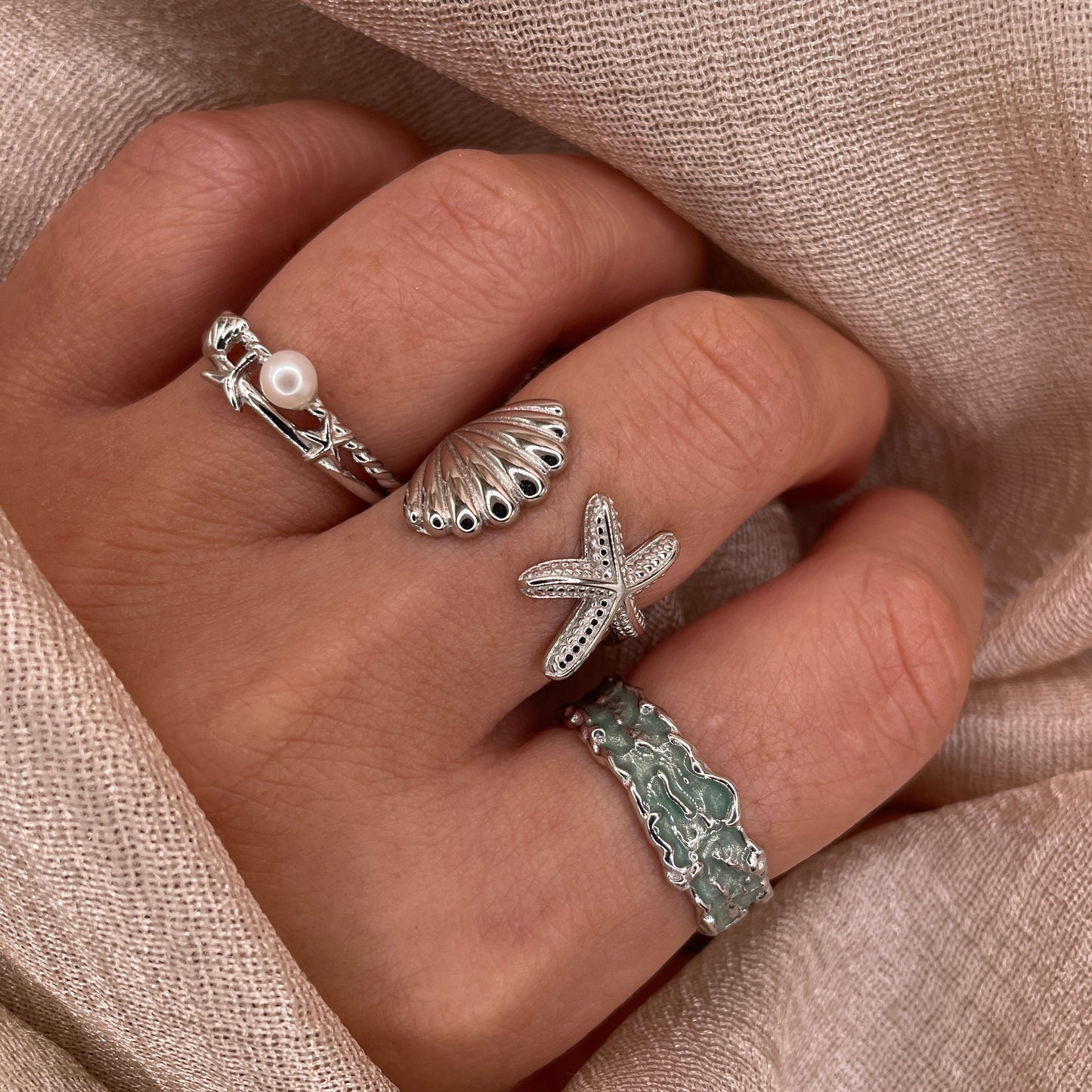 Big Seashell Star Adjustable 925 Sterling Silver Ring