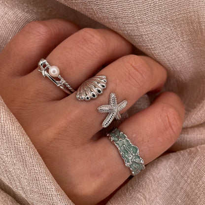 Big Seashell Star Adjustable 925 Sterling Silver Ring
