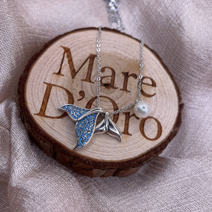 Blue Whale Tail Pearl 925 Sterling Silver Necklace