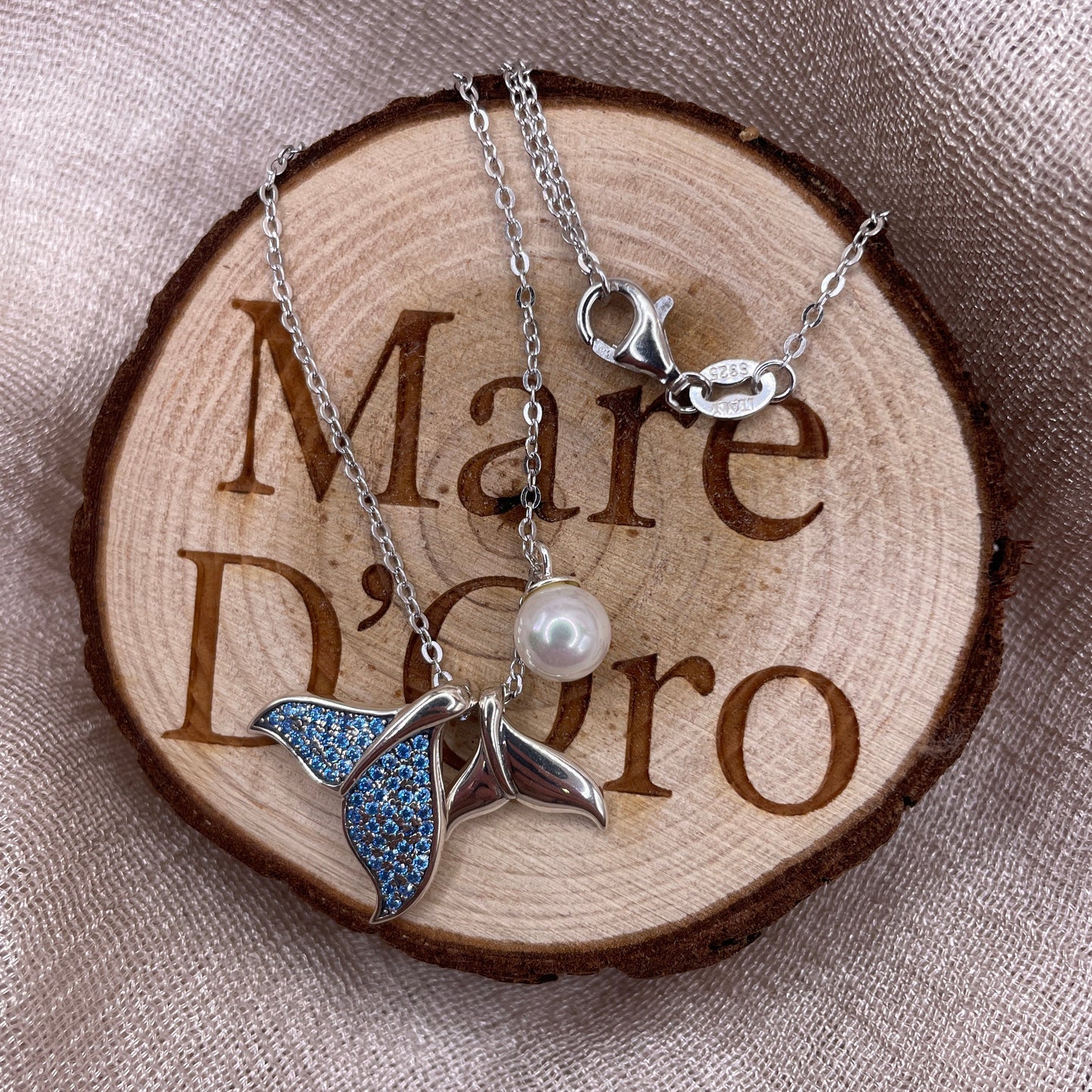 Blue Whale Tail Pearl 925 Sterling Silver Necklace
