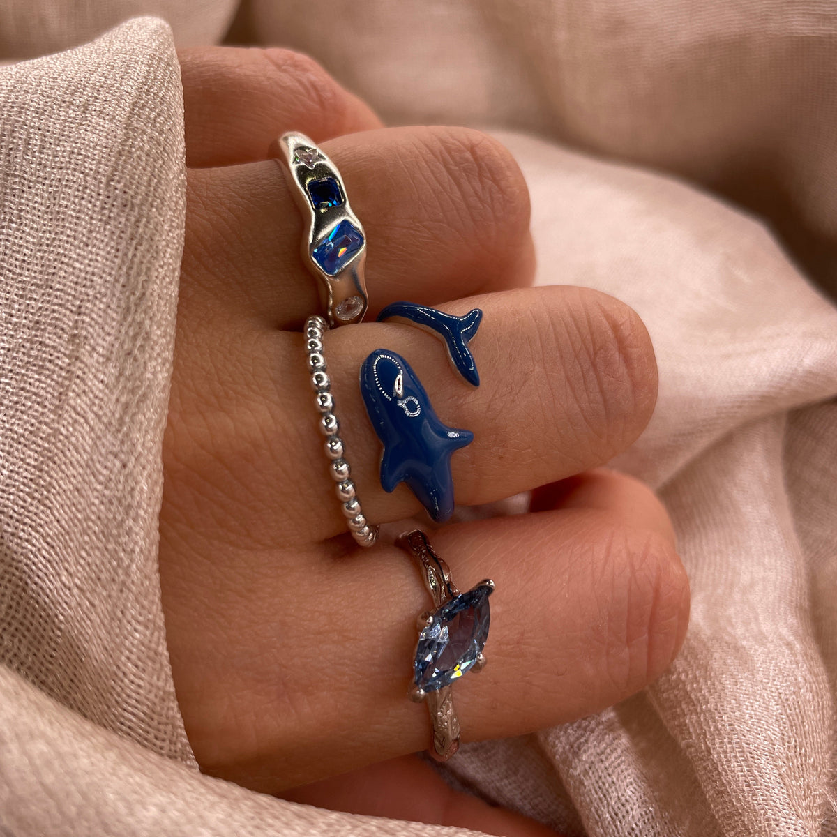 Navy Orca Adjustable 925 Sterling Silver Ring