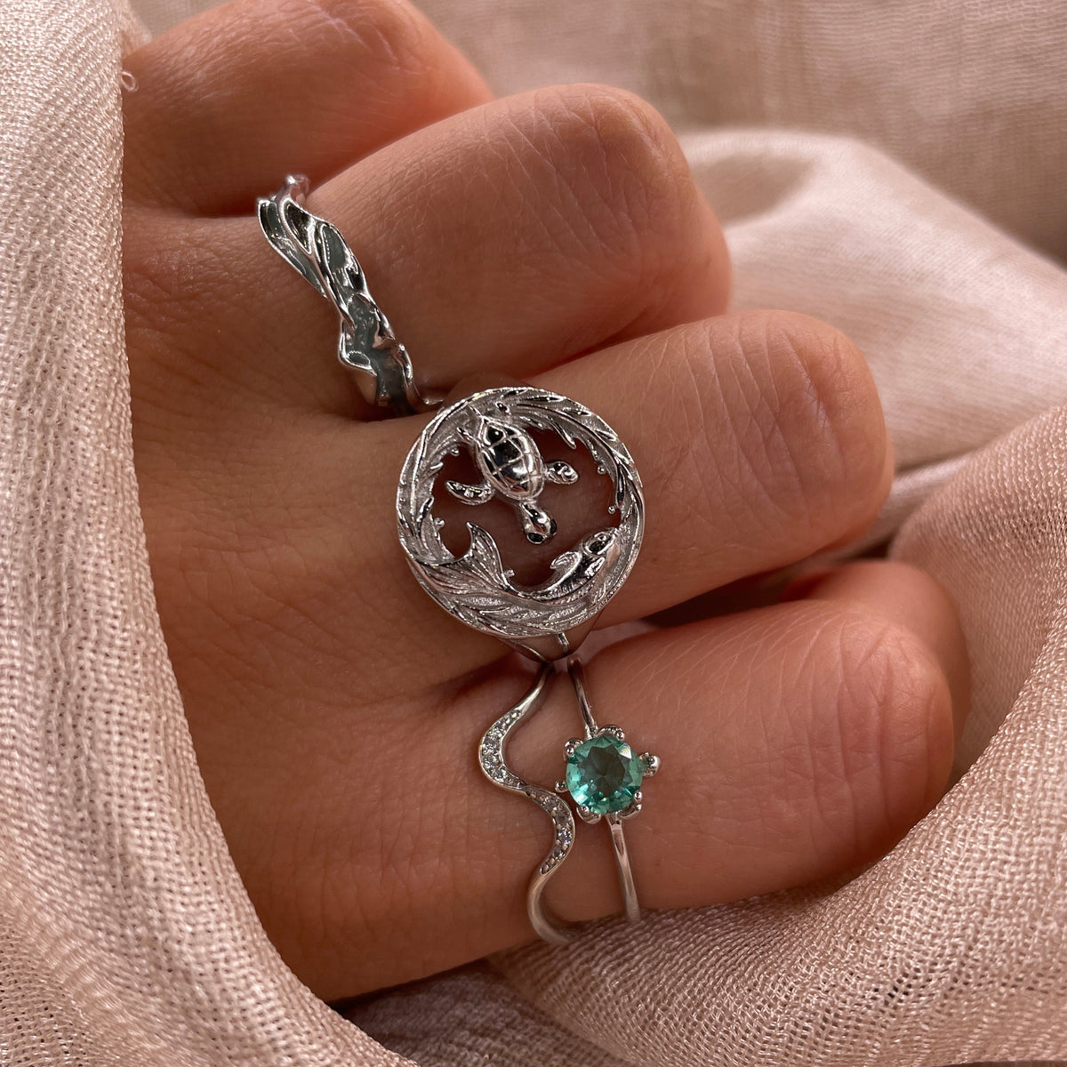 Turtle & Koi Adjustable 925 Sterling Silver Ring