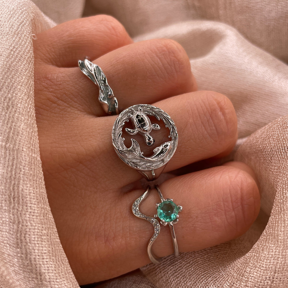 Turtle & Koi Adjustable 925 Sterling Silver Ring