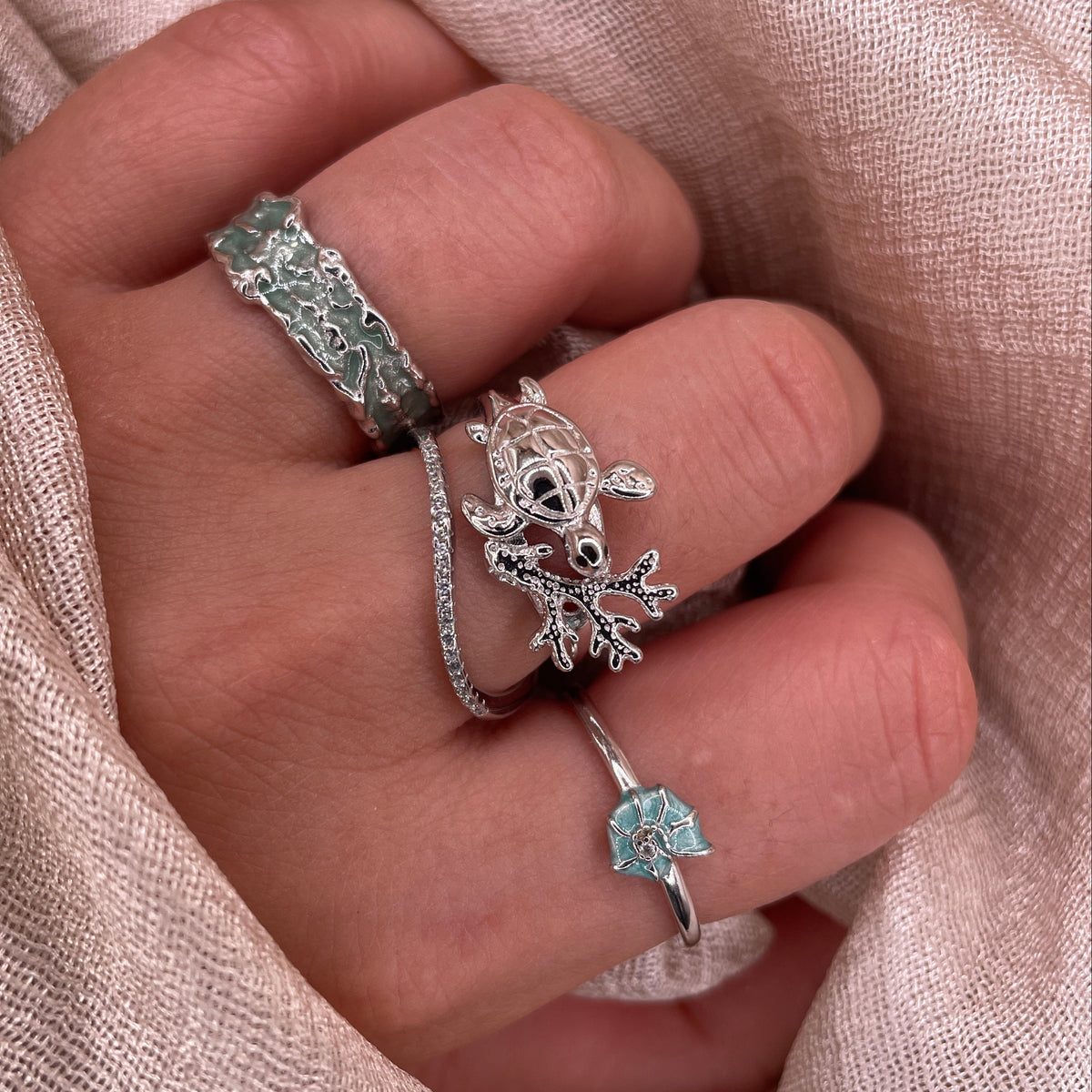 Coral Turtle Adjustable 925 Sterling Silver Ring