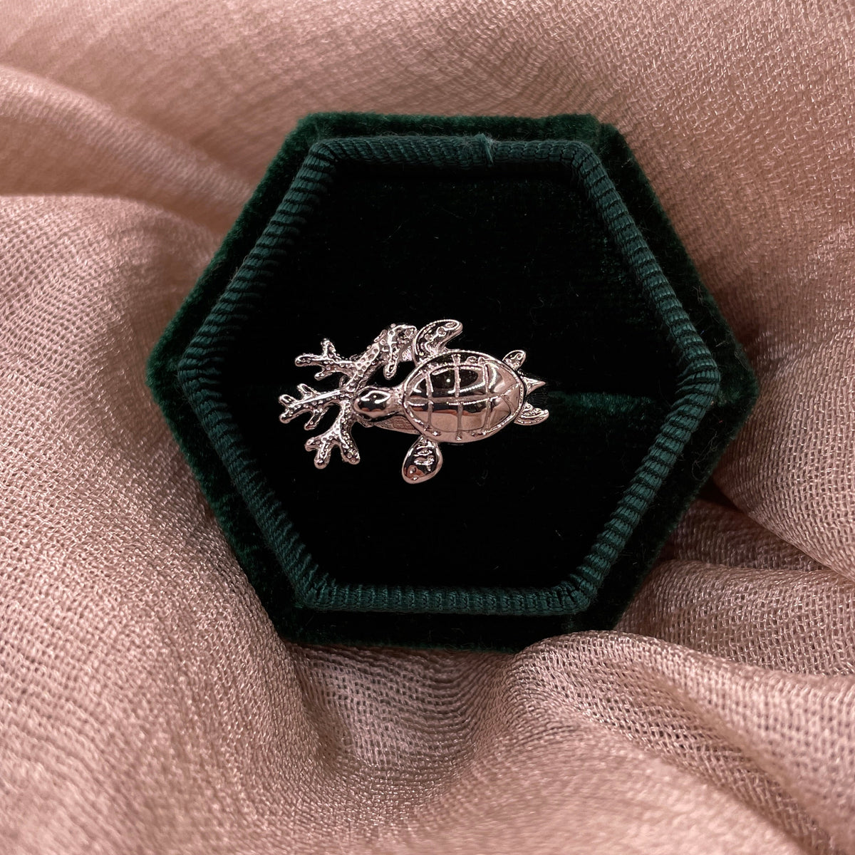 Coral Turtle Adjustable 925 Sterling Silver Ring