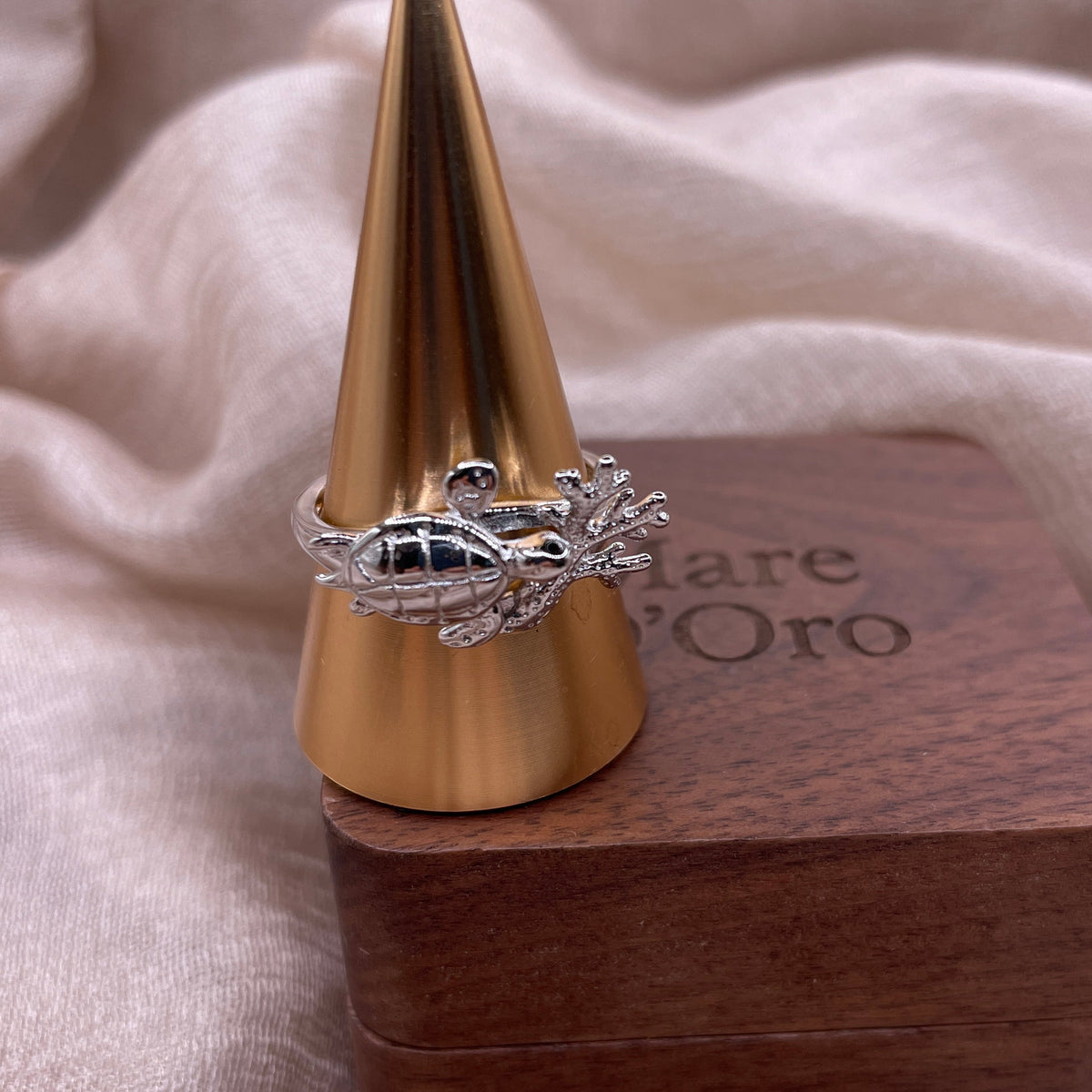 Coral Turtle Adjustable 925 Sterling Silver Ring