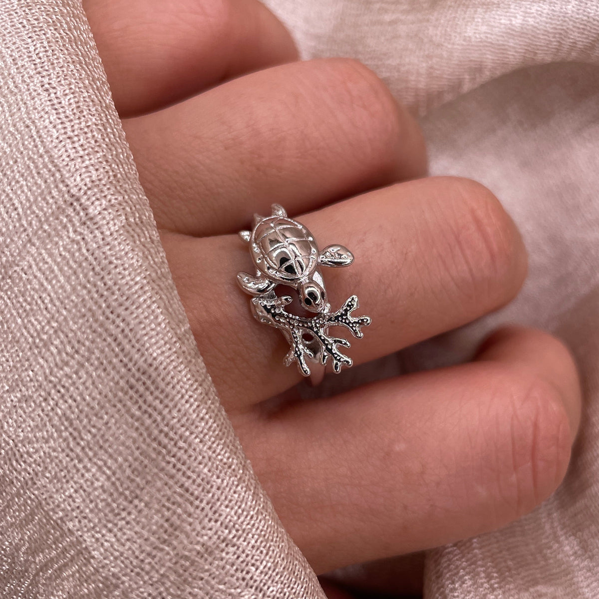 Coral Turtle Adjustable 925 Sterling Silver Ring