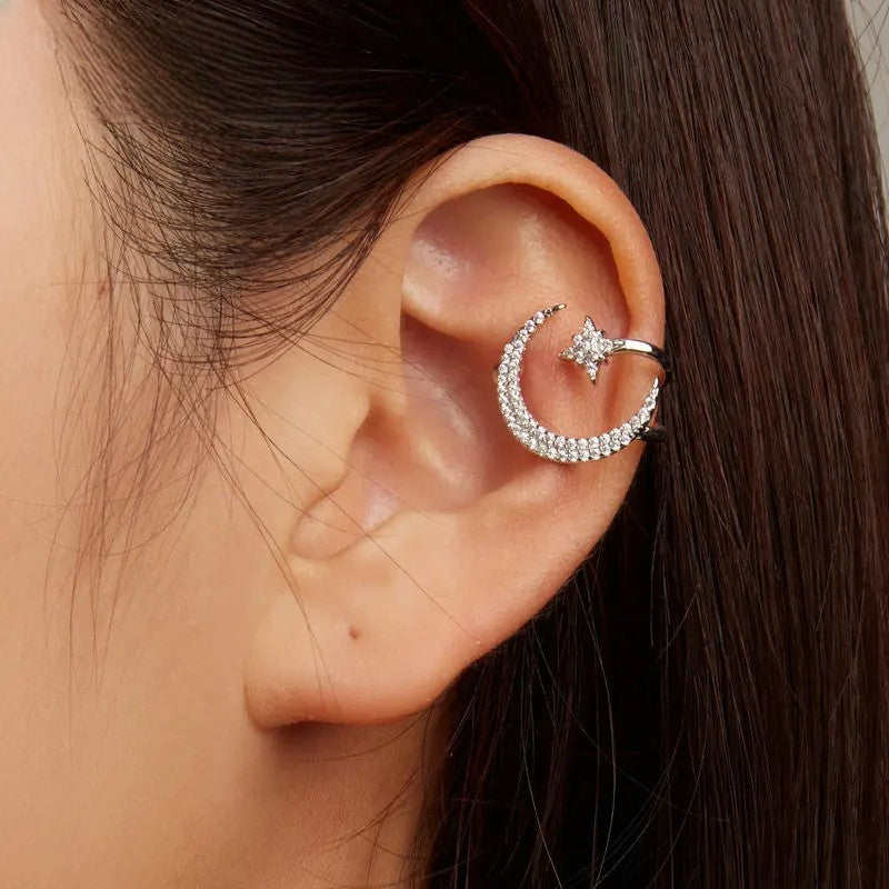 Star & Moon Ear Cuff – 925 Sterling Silver Celestial Ear Wrap