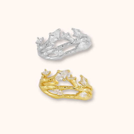Zircon Leaf Branch Ring: 925 Sterling Silver Adjustable Jewelry