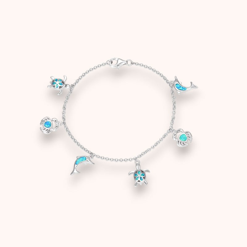 Ocean Opal Charm Bracelet – 925 Sterling Silver | Dolphin, Turtle & Crab Bracelet