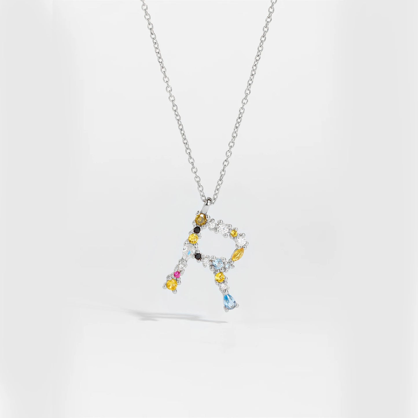 Colorful Crystal Initial Letter 925 Sterling Silver Necklace