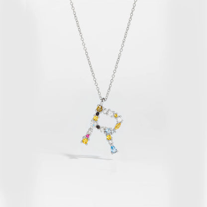 Colorful Crystal Initial Letter 925 Sterling Silver Necklace