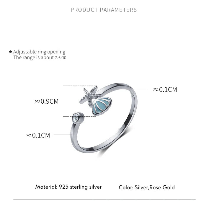 Cute Seashell Starfish 925 Sterling Silver Ring