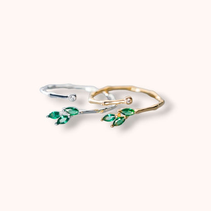 Green Crystal Leaf Adjustable 925 Sterling Silver Ring