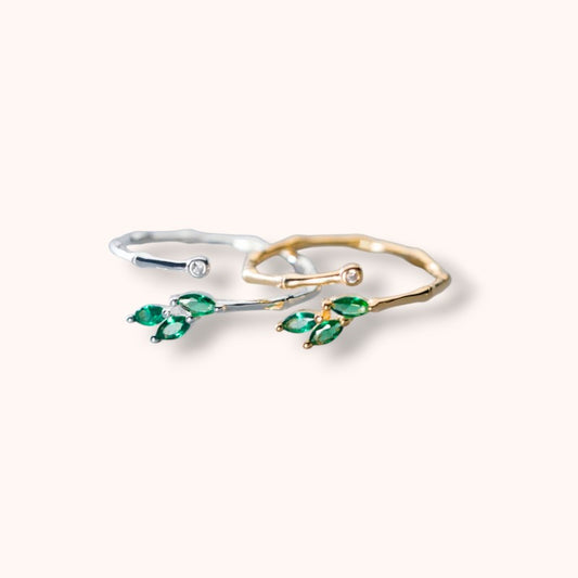Green Crystal Leaf Adjustable 925 Sterling Silver Ring