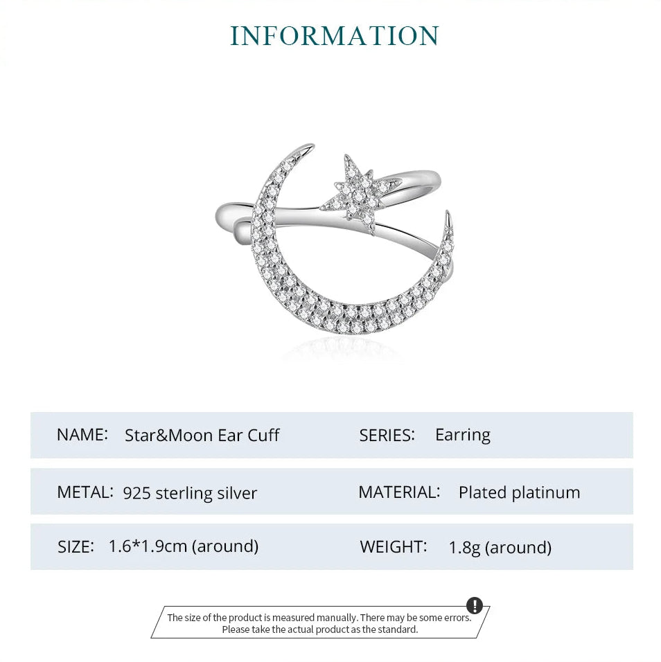 Star & Moon Ear Cuff – 925 Sterling Silver Celestial Ear Wrap
