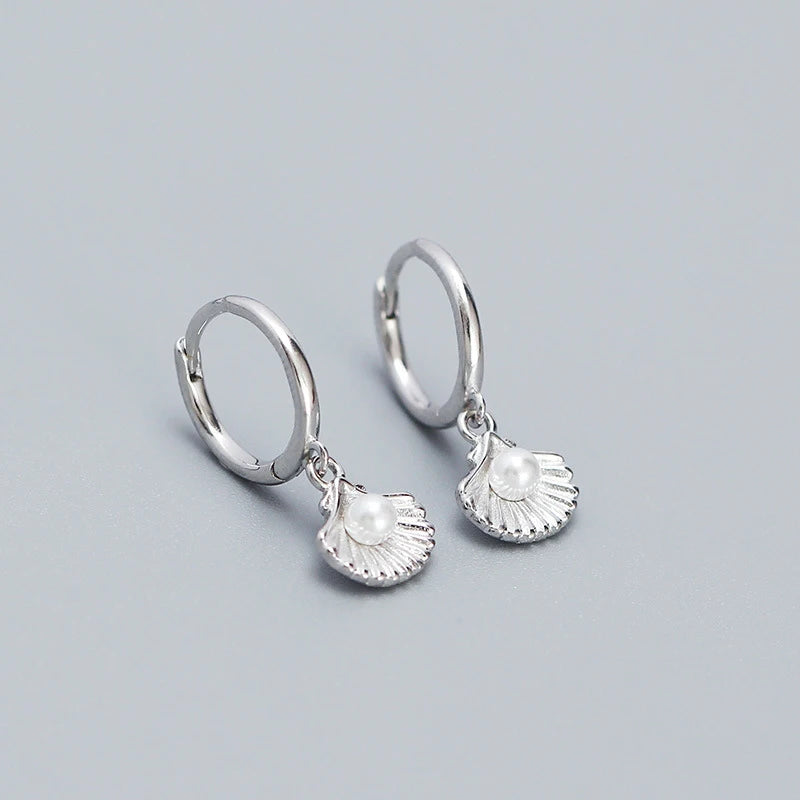 Shell Pearl Huggie Earrings – 925 Sterling Silver