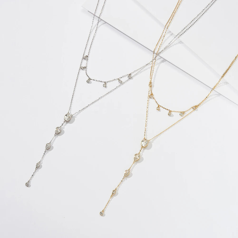 Layered Y Necklace 925 Sterling Silver | Cubic Zirconia Drop Necklace | Elegant Silver & Gold Layered Jewelry