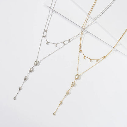 Layered Y Necklace 925 Sterling Silver | Cubic Zirconia Drop Necklace | Elegant Silver & Gold Layered Jewelry