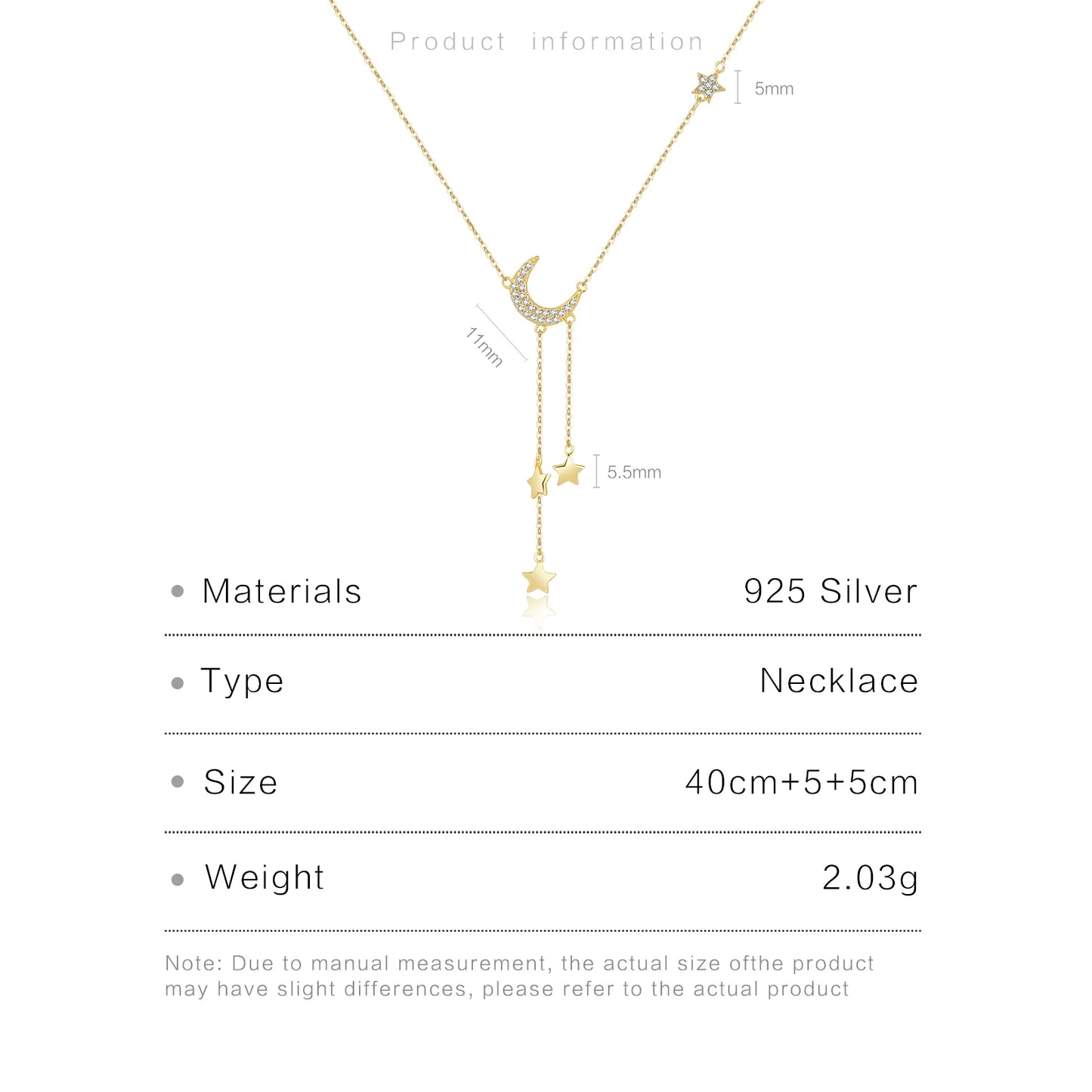 Moon & Stars Drop 925 Sterling Silver Necklace  Dainty Celestial Pendant