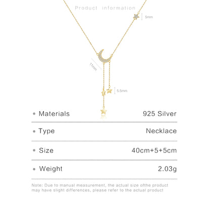 Moon & Stars Drop 925 Sterling Silver Necklace  Dainty Celestial Pendant