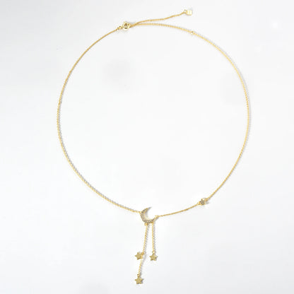 Moon & Stars Drop 925 Sterling Silver Necklace  Dainty Celestial Pendant