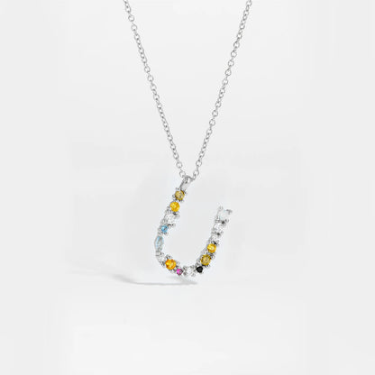 Colorful Crystal Initial Letter 925 Sterling Silver Necklace