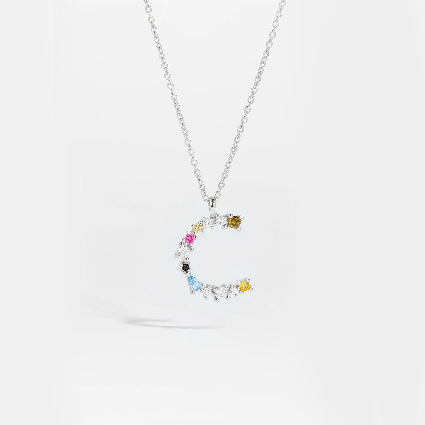 Colorful Crystal Initial Letter 925 Sterling Silver Necklace