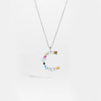 Colorful Crystal Initial Letter 925 Sterling Silver Necklace