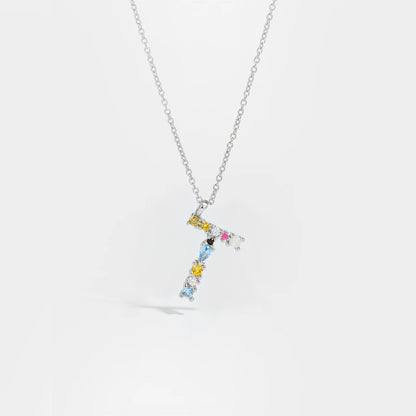 Colorful Crystal Initial Letter 925 Sterling Silver Necklace