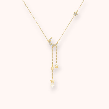Moon & Stars Drop 925 Sterling Silver Necklace  Dainty Celestial Pendant