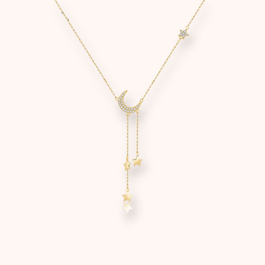 Moon & Stars Drop 925 Sterling Silver Necklace  Dainty Celestial Pendant