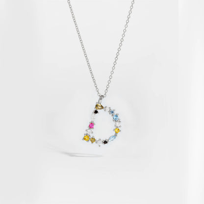 Colorful Crystal Initial Letter 925 Sterling Silver Necklace