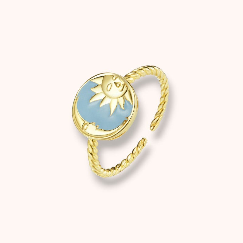 Splendid Sun & Moon 925 Sterling Silver Ring Gold Plated Adjustable Ring