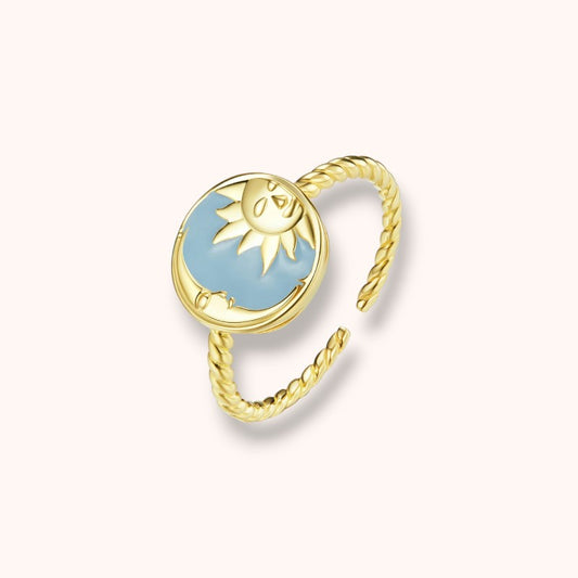 Splendid Sun & Moon 925 Sterling Silver Ring Gold Plated Adjustable Ring