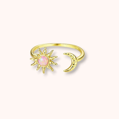 Pink Sun & Moon 925 Sterling Silver Ring Gold Plated Adjustable