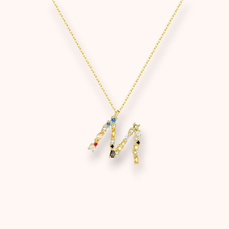 Colorful Crystal Initial Letter 925 Sterling Silver Necklace