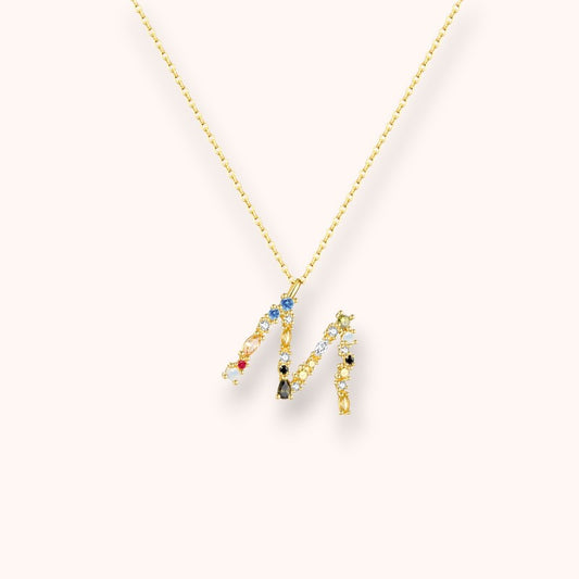 Colorful Crystal Initial Letter 925 Sterling Silver Necklace