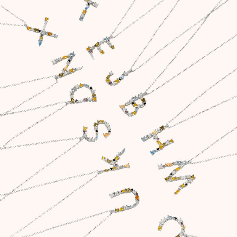 Colorful Crystal Initial Letter 925 Sterling Silver Necklace