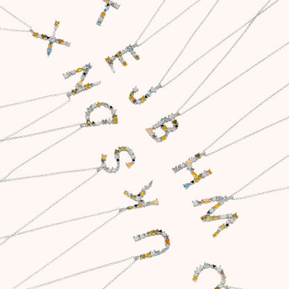 Colorful Crystal Initial Letter 925 Sterling Silver Necklace