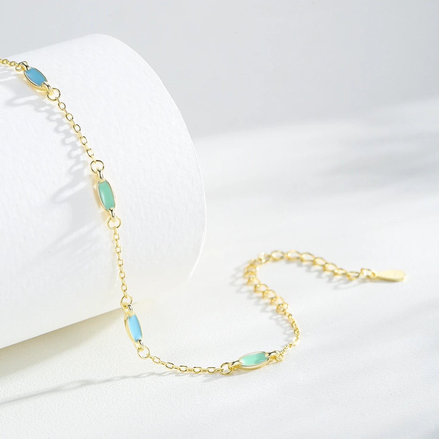 Blue Enamel Link Bracelet 925 Sterling Silver | Minimal Gold Adjustable Bracelet