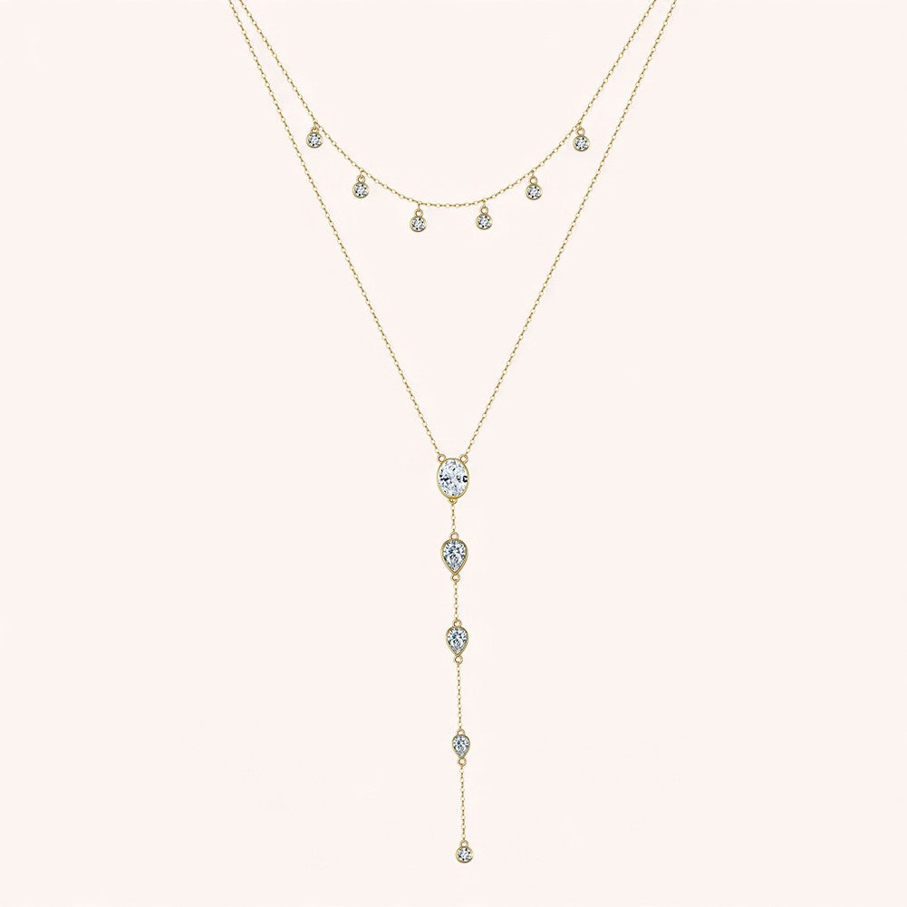 Layered Y Necklace 925 Sterling Silver | Cubic Zirconia Drop Necklace | Elegant Silver & Gold Layered Jewelry