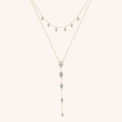 Layered Y Necklace 925 Sterling Silver | Cubic Zirconia Drop Necklace | Elegant Silver & Gold Layered Jewelry