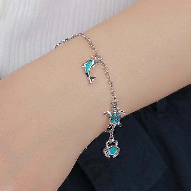 Ocean Opal Charm Bracelet – 925 Sterling Silver | Dolphin, Turtle & Crab Bracelet