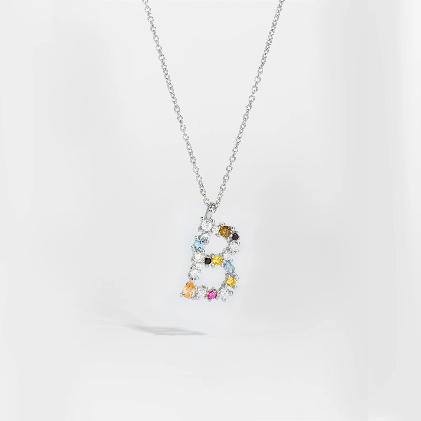 Colorful Crystal Initial Letter 925 Sterling Silver Necklace
