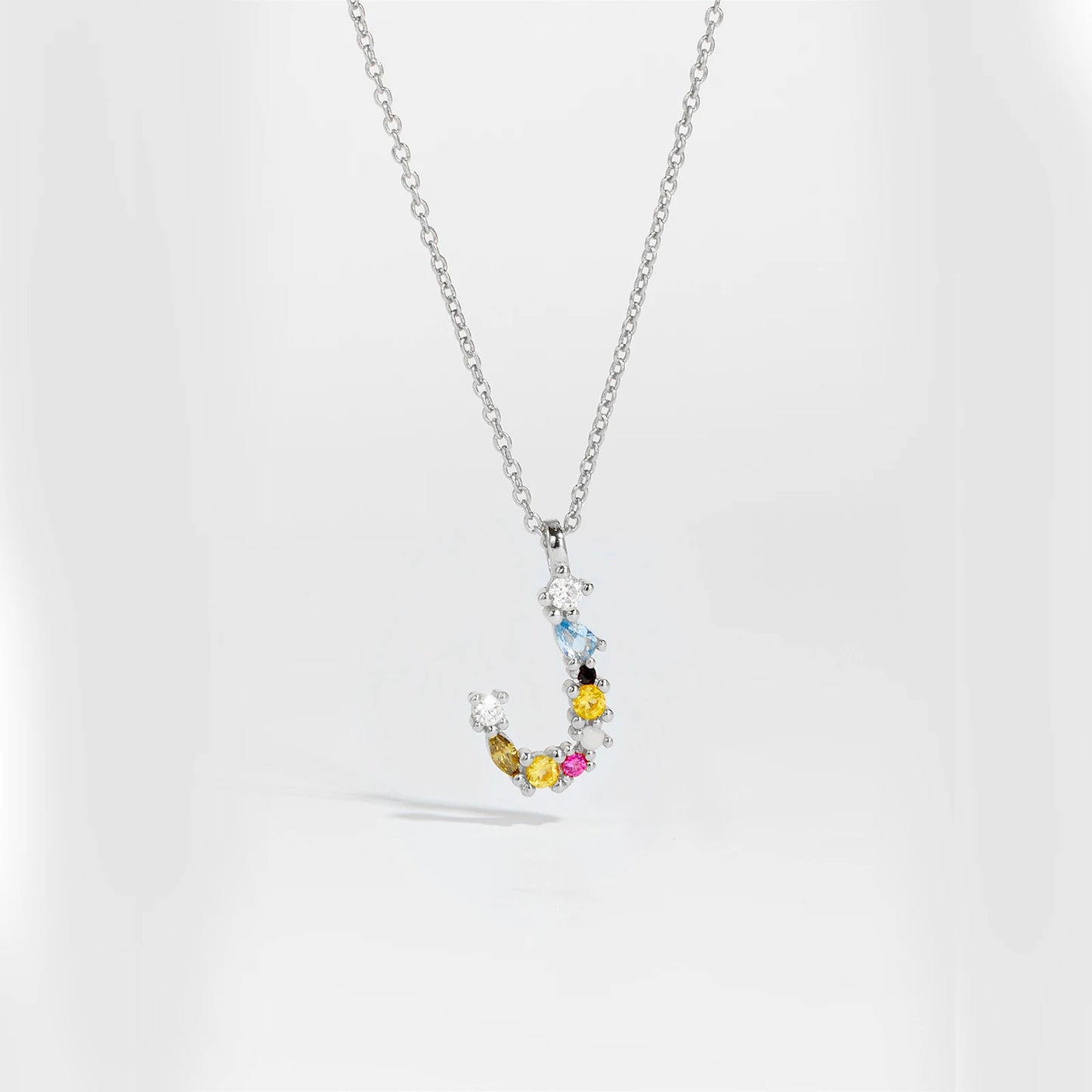 Colorful Crystal Initial Letter 925 Sterling Silver Necklace
