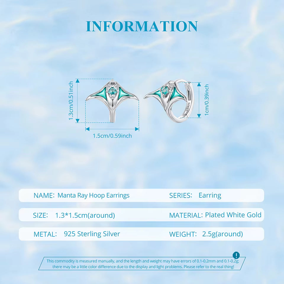 Manta Ray Hoop Earrings 925 Sterling Silver